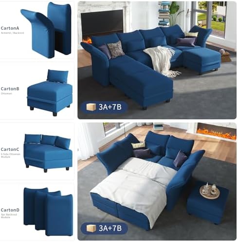 LLappuil Oversized Sleeper Sectional Sofa Couch, 102.2" 6-Seater Bed Shaped Modular Sectional Sofa with Storage Chaise, High Back Recliner Velvet Couches, Anti-Scratch Blue