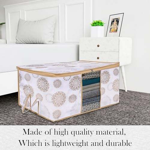 Kuber Industries Pack of 3 Non Woven Underbed Storage Organizer | Storage Bags For Clothes, Blanket | Clothes Storage Bag For with Handle & Visible Window | Gola Print - White