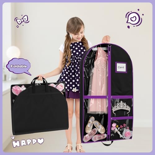 Dance Garment Bags with 3 Clear Zipper Pockets, Cheer Garment Bags for Cheerleading Uniform, 40" Garment Bags for Hanging Clothes, Suits, Travel & Sports Jersey, Cheer Uniform (Purple, 1Pack 40")