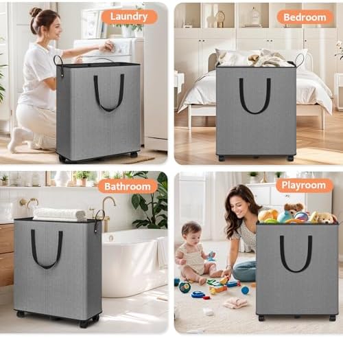 SpaceTrove Rolling Laundry Basket with Wheels, Laundry Hamper, 155L, Grey | Collapsible, 6 detachable wheels including 2 with brakes, sturdy handle, metal frame, for dorms, bathrooms and bedrooms