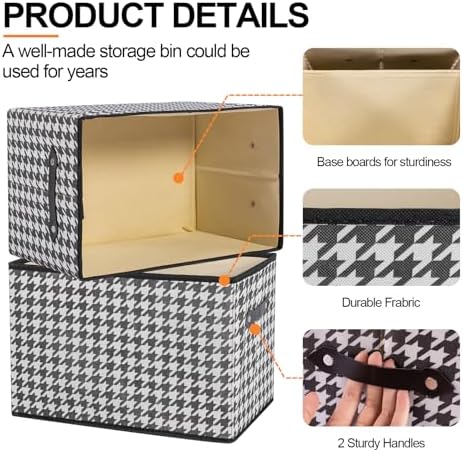 1 Pack Large Collapsible Storage Baskets for Shelves,14.9"x9.5" Fabric Closet storage Boxes with Leather Handles,Decorative Organizers Storage Bins for Clothes,Sheets,Toys,Books,(Houndstooth