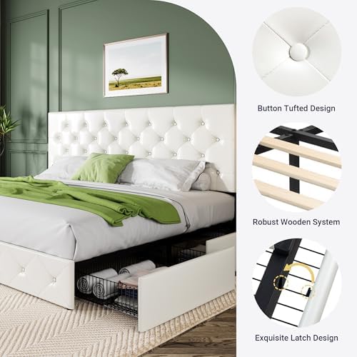 Allewie King Size Storage Bed Frame with 4 Underbed Drawers, White