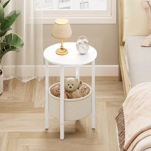 Vagusicc Round Side Table End Table with Storage Basket, Small Side Table Round Nightstand for Small Spaces, Tall Oval End Table with Steel Frame, Coffee Bedside Table for Living Room Bedroom, White