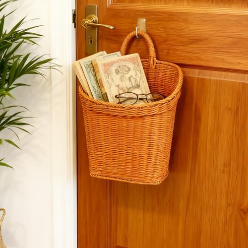 Hanging Basket for Wall Hanging Wicker Wall Baskets for Storage, Decor, Space-Saving Rattan Door Basket for Kitchen, Bathroom, Bedroom, Living Room Organization (Brown)