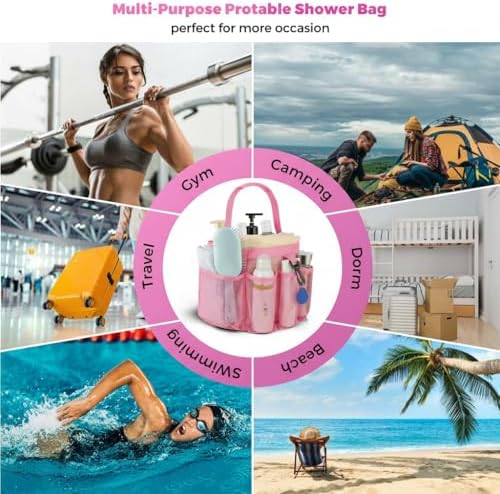 Mesh Shower Caddy Portable for College Dorm Room Essentials,Hanging Shower Caddy Dorm Basket with 8 Pockets,Quick Dry Shower Bag for Bathroom,Beach,Swimming,Gym (Light Pink)
