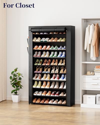 Kitsure 10-Tier Shoe Rack with Cover, Tall Shoe Shelf, 33" Wide, Black