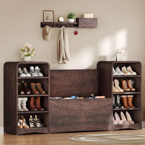 U-Shaped Shoe Cabinet Bench with Flip-Open Box & Shelf, Espresso