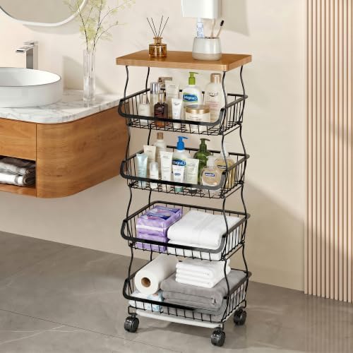 VECELO 5-Tier Fruit Basket with Wheels, Fruit and Vegetable Storage Cart for Kithchen, Stackable Produce Organizer Wire Baskets for Kitchen, Pantry, Living Room