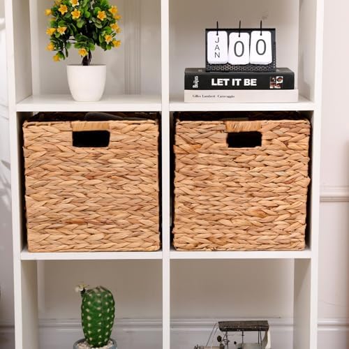 12x12x12 Inch Wicker Storage Basket Set of 2 Foldable Hyacinth Storage Box