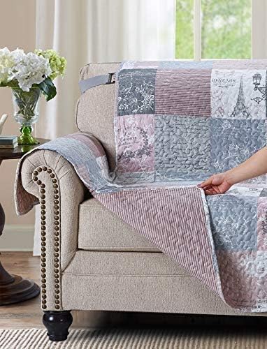 Brilliant Sunshine Latte Grey Paris & Toile Patchwork Couch Cover, 70" seat