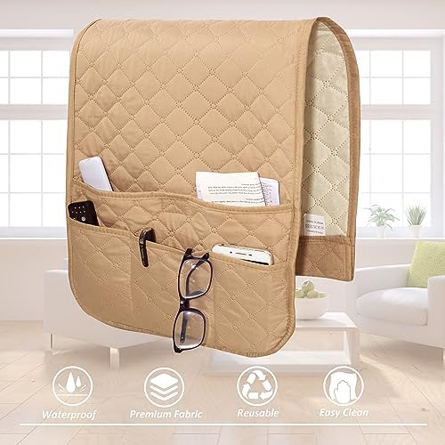 Armchair Caddy for Couch Remote Control Holder with 4 Pockets, Sand 1 Piece | Non- Slip, Waterproof, Durable Sofa Armset Organizer, Caddy Armrest Storage for Cell Phone Magazine 35"x13" 1 Piece