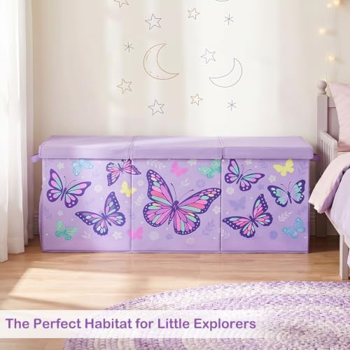 Toy Box with Adjustable Divider Large Toy Chest Storage for Nursery Kidroom | Extra large capacity, removable divider, top and side storage pockets, collapsible design, cute print for playroom decor