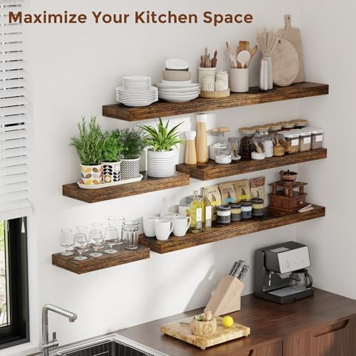 Heimlove 12 Inch Floating Shelves for Wall Rustic Brown Shelves Set of 2,Wall Mounted Rustic Wood 8 Inch Deep Floating Shelf with Invisible Brackets for Bedroom Kitchen Living Room