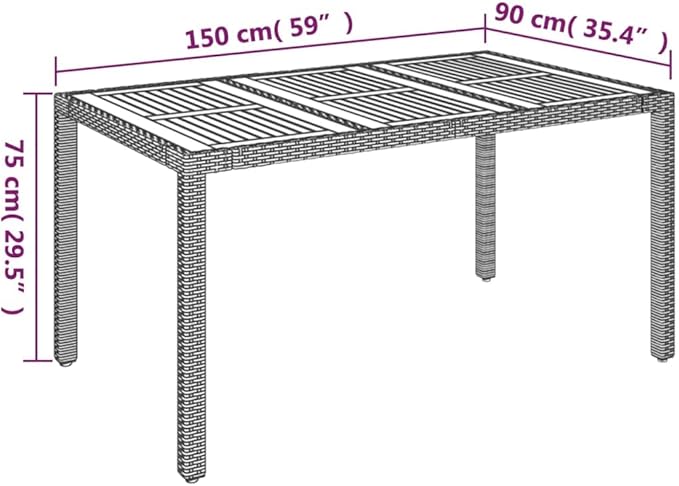 vidaXL Rectangular Patio Table with Acacia Wooden Top - Outdoor Dining Furniture Made of Durable Poly Rattan and Powder-Coated Steel, Water- and Easy to Assemble - Gray, 59.1"x35.4"x29.5"
