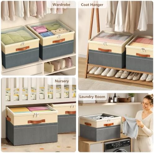 Shoe Organizer for Closet, 2 Pack Foldable Shoe Storage Organizer Box Bin with Adjustable Dividers and Clear Cover, Fits up to 16-32 Pairs(Grey&Beige)