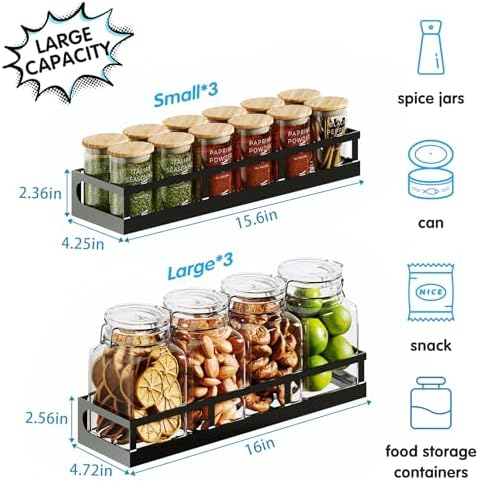 X-cosrack 6-Tier Wall-Mounted Spice Rack Organizer with Mixed Basket Sizes, Height-Adjustable Hanging Spice Shelf for Kitchen Pantry Cabinet, Large-Capacity Seasoning Holder, Black