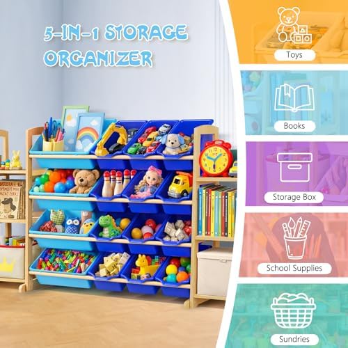 Kids Toy Storage Organizer with Bookshelf – Wooden Shelf with 16 Bins & 6 Shelves, Quick Assembly Storage Rack for Playroom, Bedroom, Nursery - Blue