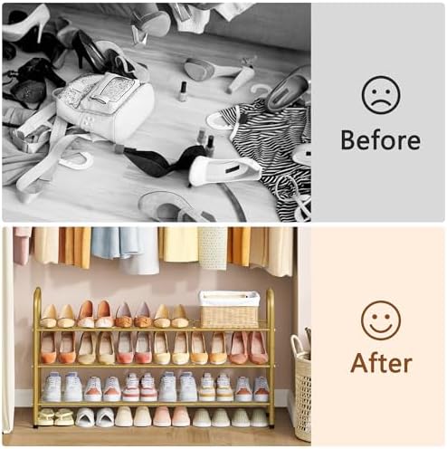 Hoctieon 3 Tier Mesh Style Shoe Rack, Entryway Shoe Shelf, Shoe Storage Organizer, Shoe Rack for Closet, Space Save for Bathroom, Garage, Hallway, Bedroom, Living Room, Gold