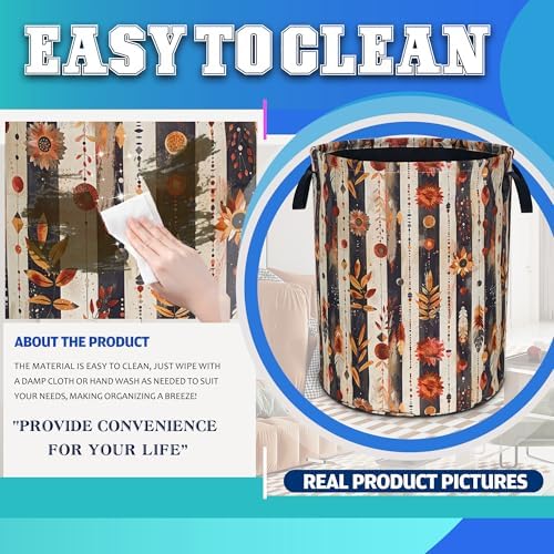 Flowers Print Boho Laundry Basket Foldable Oxford Cloth Hamper 18.9x16.5 In