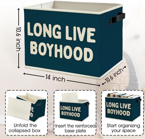 Long Live Boyhood Boys Storage Bins Box with Handles, Blue Pattern Collapsible Basket Organizer for Kids Teen Boy Nursery Room Bedroom Bathroom Playroom Books Clothes