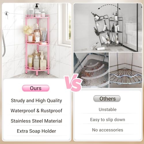 ELYKEN Corner Shower Caddy Standing, 3 Tier Metal Shower Organizer, Pink | Stainless Steel Shower Shelves with Soap Holder, Adjustable Feet & 2 Hooks for Storing Bath Essentials in Bathroom corner