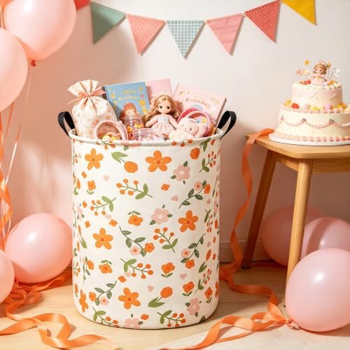 Round Fabric Collapsible Storage Basket with Handles, Orange Flower