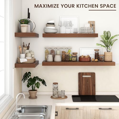 48 Inch Floating Shelves for Wall, 12"D Wood Storage Shelves, Walnut Finish