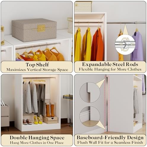 Closet System with 3 Hanging Rods, 2-5FT Closet Organizer System with Adjustable Side Hanging Rods, Small Freestanding Closet Shelving System, Walk-In Closet System with Double Hanging Storage, White