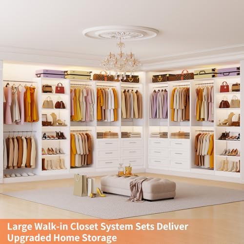 Closet System with 3 Sets, 6-15FT Modular Closet Organizer Systems with 6 Wood Drawers & 8 Shelves, Walk in Closet System Tower with 5 Hanging Rods, Custom Closet Organizer Kits Adjustable, White