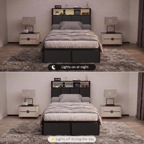 Twin Bed Frame with Storage Drawers, Charging Station and LED Lights, Upholstered Headboard with 2-Tier Shelves, Heavy Duty Metal Slats, No Box Spring Needed, Noise Free, Easy Assembly