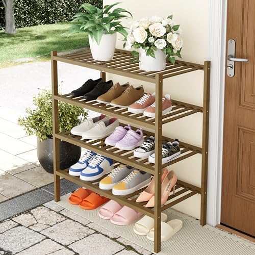 Smiry Bamboo Shoe Rack, 14 Vertical Slats, 4 Tier - 26.8" Wide, Walnut