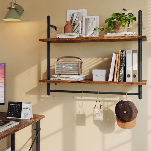 Bestier Pipe Shelf Industrial Floating Shelving 31" Kitchen Wall-Mounted Shelf with Towel Bar Hooks Coffee Bar Shelves Wine Hanging Display Rack Bookshelf Living Room Decor Bathroom-Rustic Brown