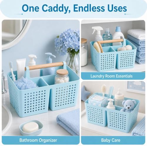 Portable Shower Caddy Basket with 3 Compartments and Handle, Light Blue | Plastic Divided Toiletry Organizer for Bathrooms, Guest Rooms, Spa Areas, Skincare, Pools, Vanities and Dorms