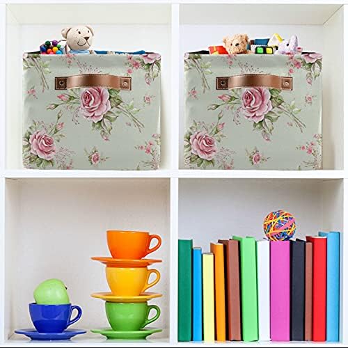 Floral Flower Rose Pattern Storage Bin Kids Women Canvas Compressible Organizer Storage Cube with Handle Storage Basket Box for Bedroom Closet Shelves 2PCS