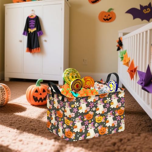 Halloween Pumpkin Ghost Storage Basket, Foldable Toy Organizer Bin | Halloween Pumpkin & Ghost Design with Cotton Linen Fabric, Waterproof Lining, Leather Handles and Foldable Storage Style