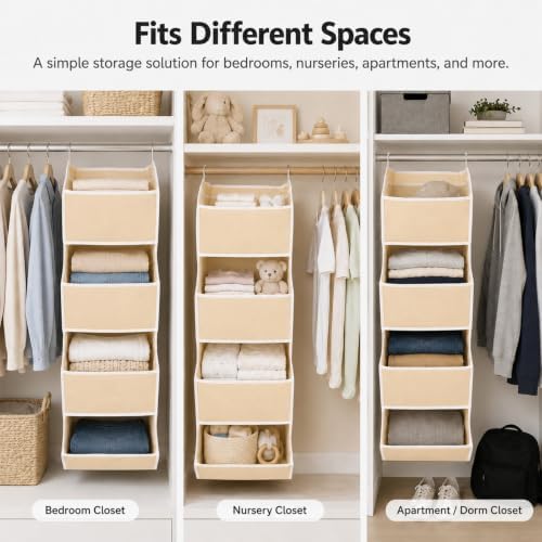 4-Shelf Hanging Closet Organizer and Storage, Fabric Storage Bins Bedroom Organization with Mesh Pockets, Collapsible Hanging Shelves Wardrobe Organization for Home, Dorm, Rv (Beige)