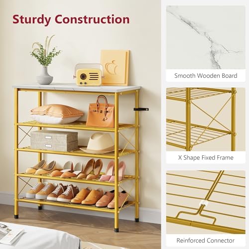 Tajsoon 5 Tier Shoe Rack Organizer for 16-20 Pairs of Shoes, White & Gold