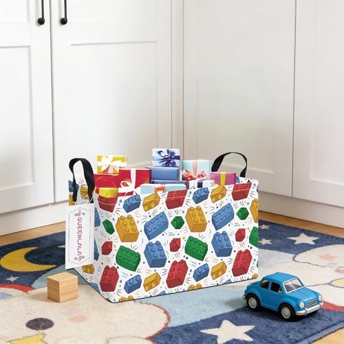 QUEENLALA Rectangular Collapsible Laundry Basket with Side Handles, Blocks