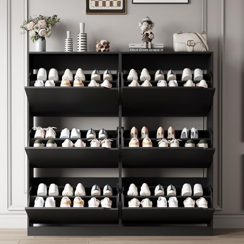 Xixini Shoe Storage Cabinet for Entryway with 6 Flip Drawers, Sturdy Wood Hidden Shoe Storage, Freestanding Narrow Slim Shoe Organizer for Front Door Entrance, Living Room, Hallway, Bedroom, Black