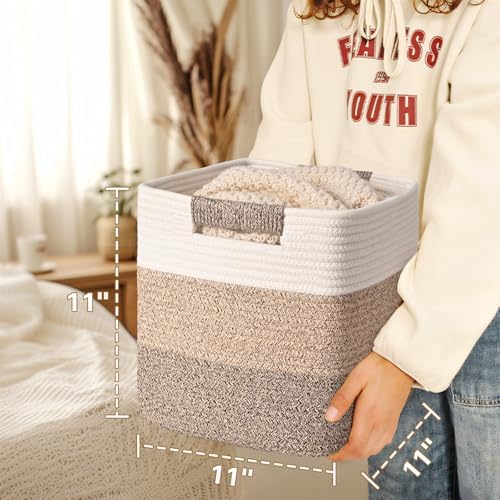 11 Inch Storage Cubes, 3 Pack Cube Storage Bins for Organizing, Cotton Rope Woven Baskets for Shelves, Bathroom, Kids Room, Closets, Baby Nursery