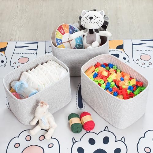 MINTWOOD Design 3-Pack Decorative Woven Storage Baskets for Shelves, Cube Bin Box for Organizing Books, Shoes, Dog Toys, Pantry Closet and Living Room Organizer, Light Gray Mix