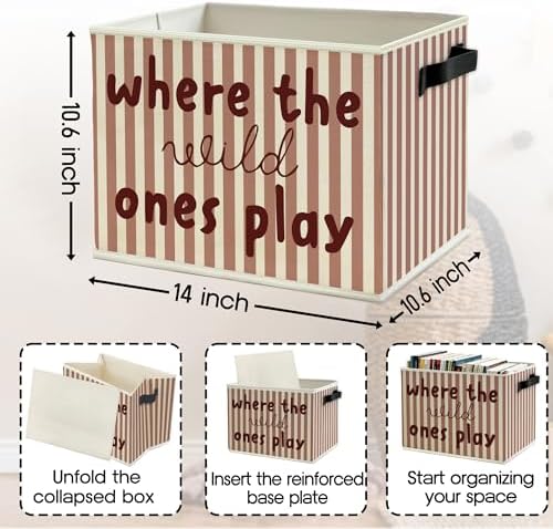 Red Stripe Boho Classroom Storage Bins Box with Handles, Where the Wild Ones Play Collapsible Basket Organizer for Kids Playroom Nursery Bedroom Bathroom Books Clothes