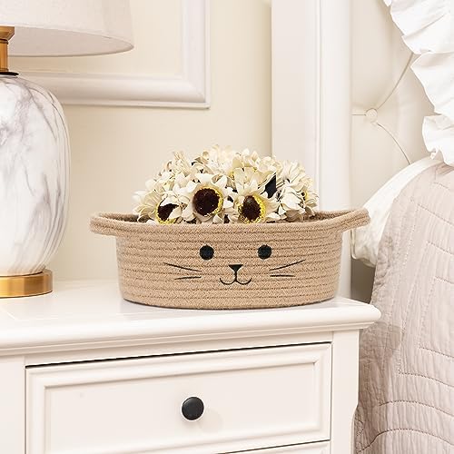 Small Woven Rope Cat Toy Basket with Cat Face Design, Jute
