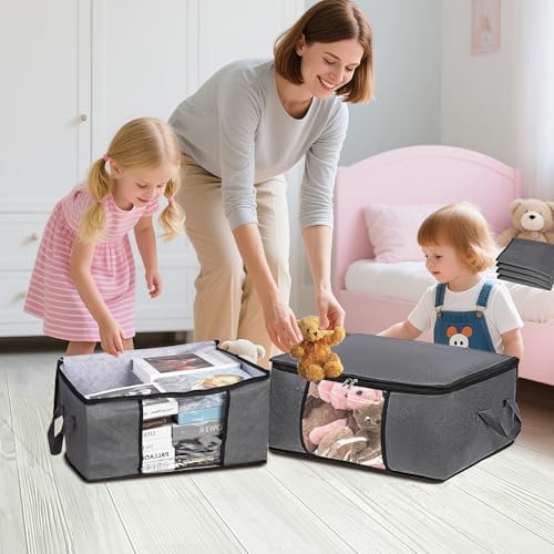 BiCINE 8 Pack Clothes Storage Bags with Zipper, 45L Foldable Blanket Storage Bag with Clear Window Sturdy Handles for Closet, Dorm, Pillows, Bedding, Sheet, Comforter, Gray