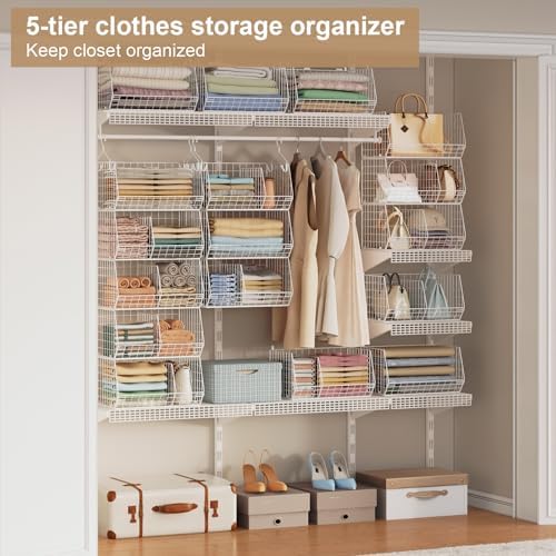5 Tier Extra Large Closet Hanging Shelves with Divider,2 Pair Hook,16.5"L x 11.8"W x 51.4"H Closets Organizers and Storage,Clothes Organizer Clothing Sweaters Shoes Handbags Clutches Accessories-White