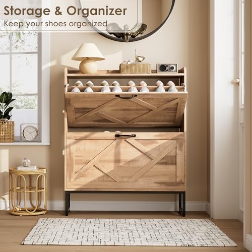Nicetree Shoe Storage Cabinet with 2 Flip Drawers, Entryway Organizer, Oak