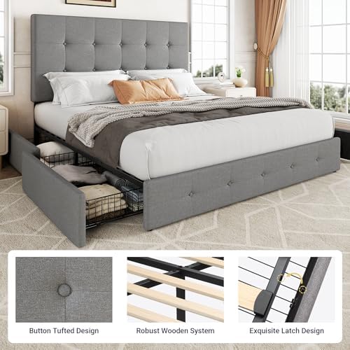Allewie Full Size Storage Bed Frame with 4 Underbed Drawers, Light Grey
