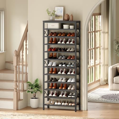 YATINEY 12-Tier Tall Shoe Rack Organizer, Wooden Shoe Storage for Closet Holds 48 Pairs, Sturdy Shoe Shelf with X-Shaped Metal Support, for Entryway, Bedroom, Charcoal and Black SS212BC