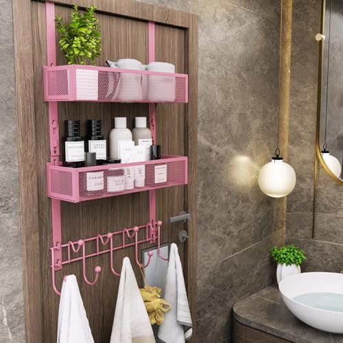 Consumest Over The Door Hooks Organizer - 3 Tier Door Hanger with 9 Coat Hooks & 2 Mesh Basket, Back Storage Organizer Hanging Towels for Bathroom, Bedroom, Pink