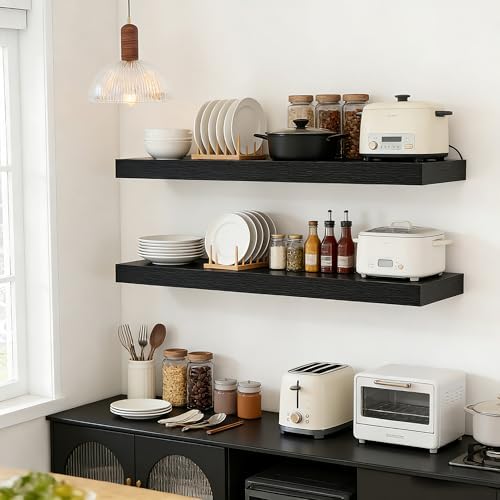 35.8"L Heavy Duty Solid Wood Core Floating Shelves, Black, Set of 2